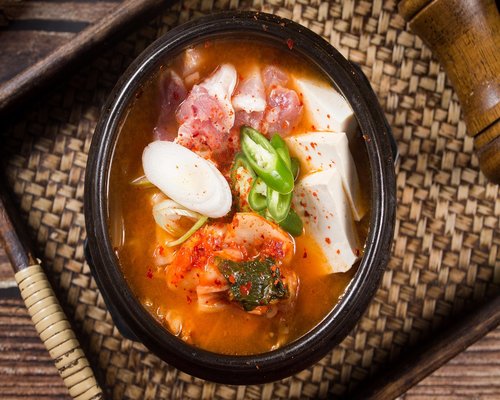 Bowl of hot tofu and minced pork clear soup